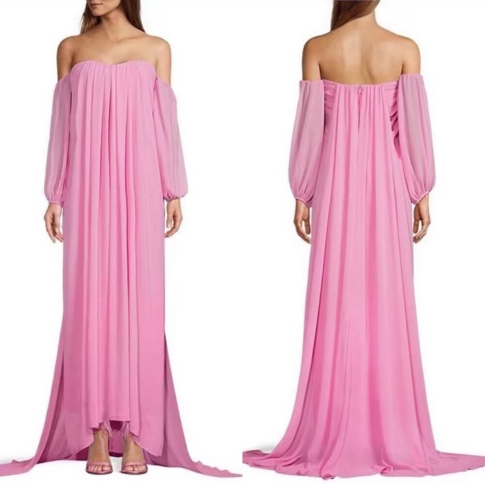 Antonio Melani Chiffon Flowy Strapless Off Shoulder Long Maxi Pink Dress Sz 10